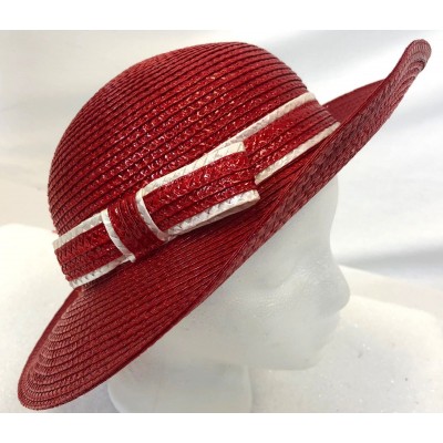 Vintage Red White Trim Bow ITALY Viscose Woven Beach Sun Day Derby Church Hat  eb-71277942